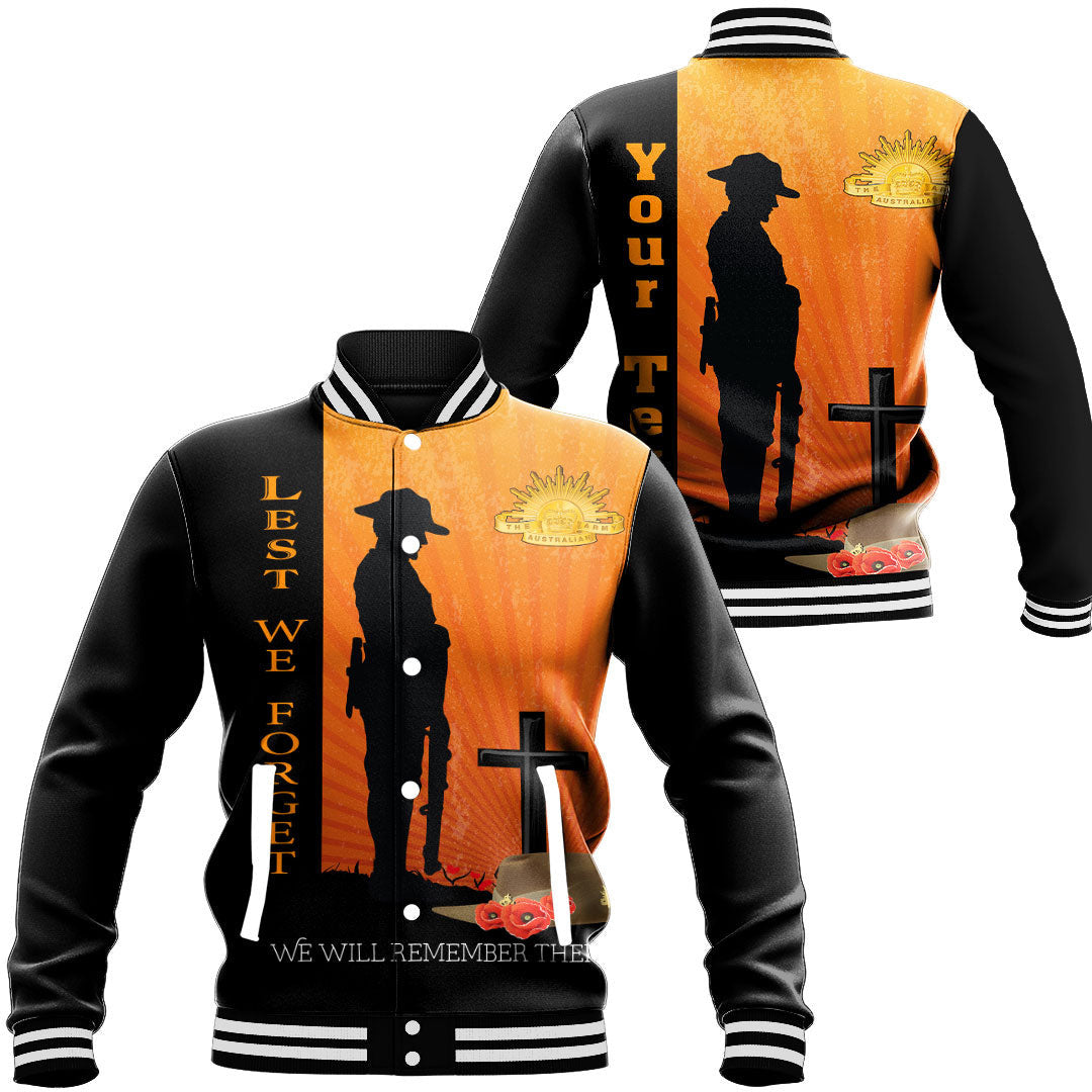Polynesian Pride Clothing - (Custom) Anzac Day Lest We Forget Soldier Standing Guard Baseball Jacket Unisex Black - Polynesian Pride