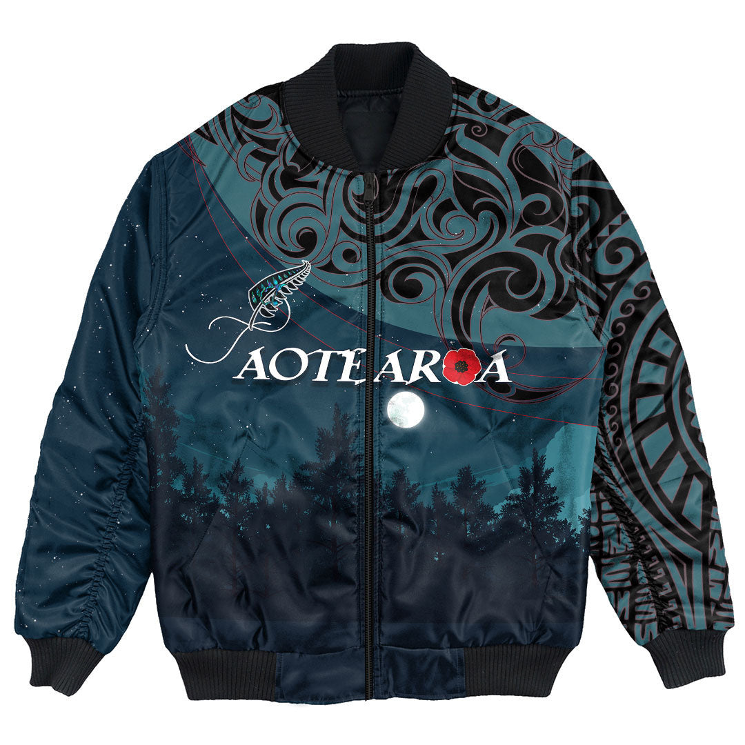 Polynesian Pride Clothing - New Zealand Paua Silver Fern Poppy Bomber Jacket Unisex Black - Polynesian Pride