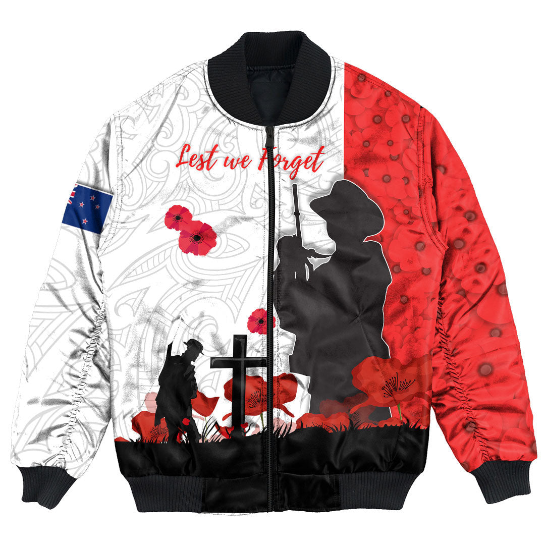 Polynesian Pride Clothing - New Zealand Anzac Lest We Forget Bomber Jacket Unisex Black - Polynesian Pride