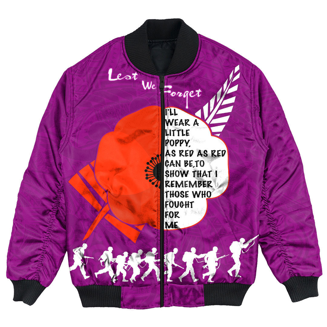 Polynesian Pride Clothing - (Custom) New Zealand Anzac Red Poopy Purple Bomber Jacket Unisex Black - Polynesian Pride