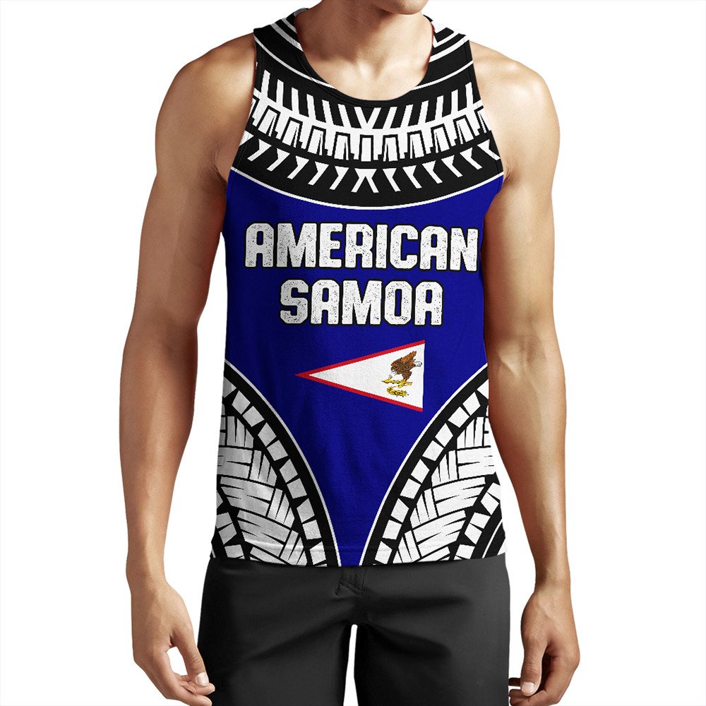 Wonder Print Shop Clothing - American Samoa Tattoo Chief Tank Top LT10 Blue - Polynesian Pride