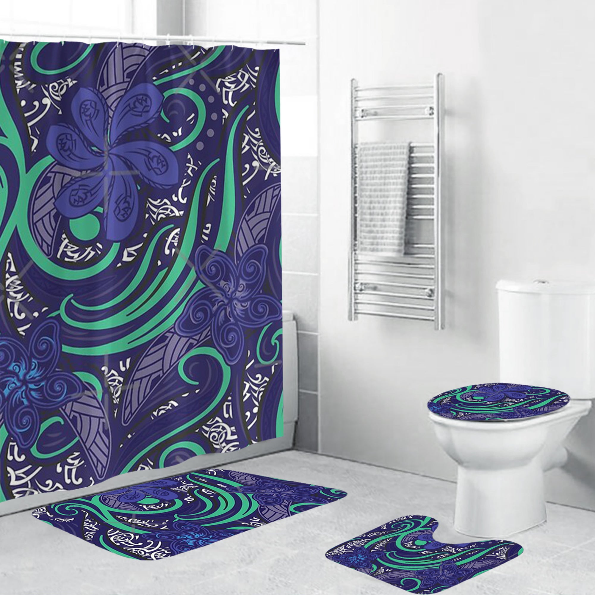 Polynesian Home Set - Polynesian Midnight Blue Tribal Pattern Bathroom Set LT10 Blue - Polynesian Pride