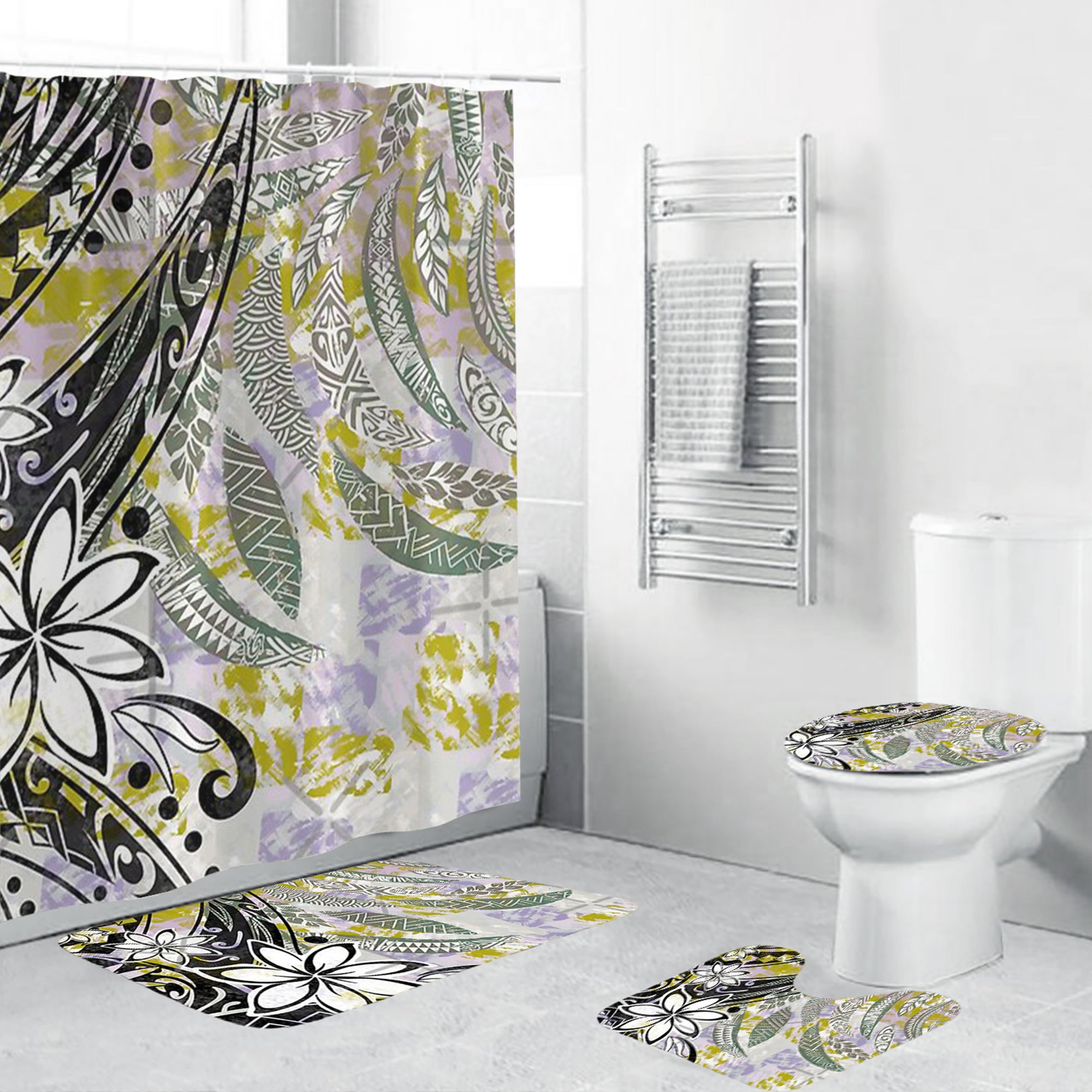 Polynesian Home Set - Retro Painted Tribal Leaves Bathroom Set LT10 Green - Polynesian Pride