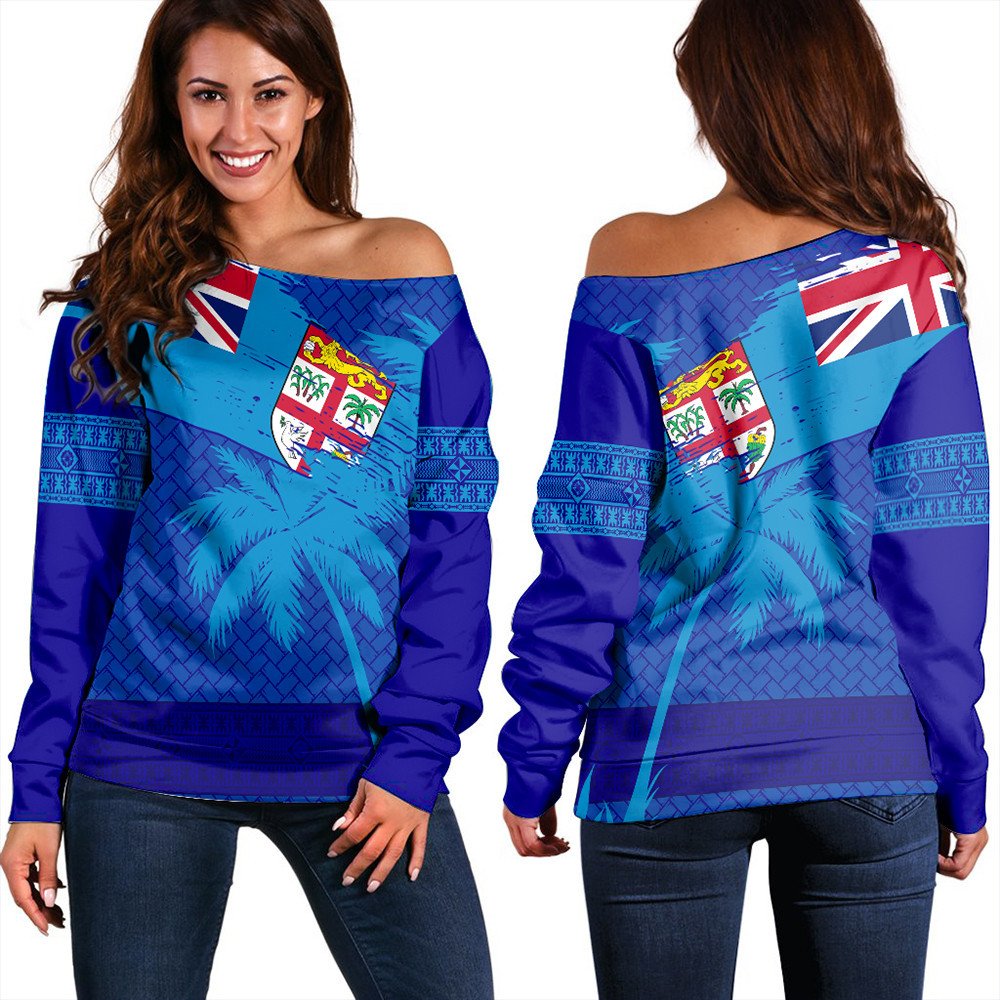 Polynesian Pride Sweatshirt - Fiji Palm Tree Coat Of Arms Women Off Shoulder LT10 Women Blue - Polynesian Pride