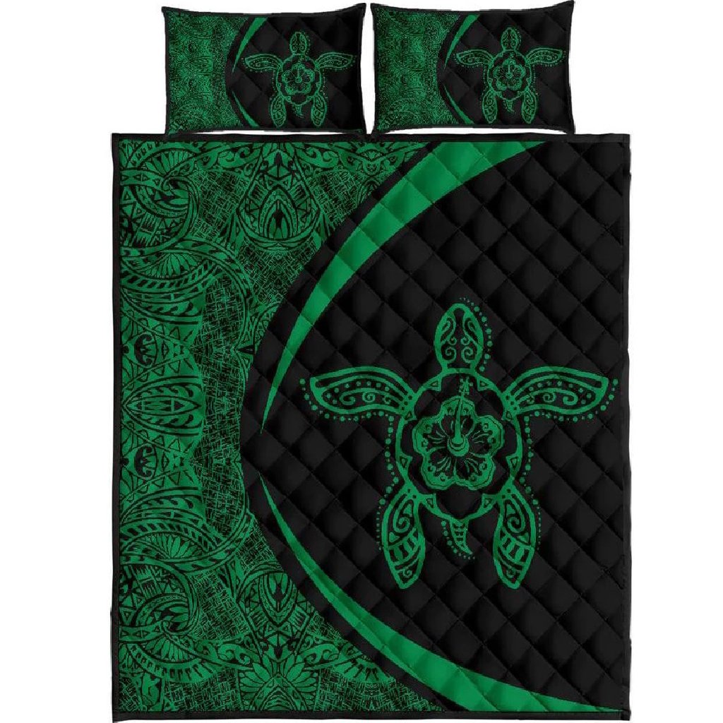 Hawaiian Polynesian Turtle Quilt Bed Set - Circle Style Green Black - Polynesian Pride