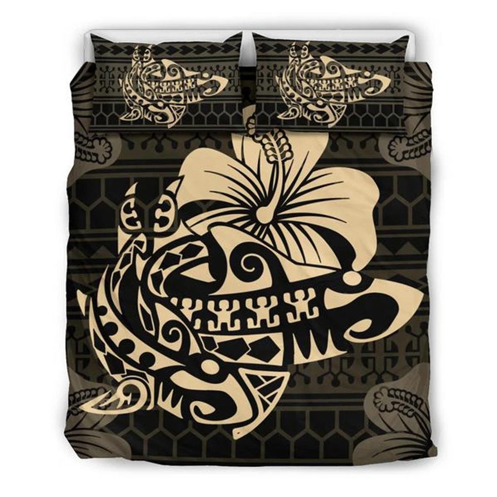 Hawaiian Hibiscus Etua Shark Tattoo Bedding Set Gold - Polynesian Pride