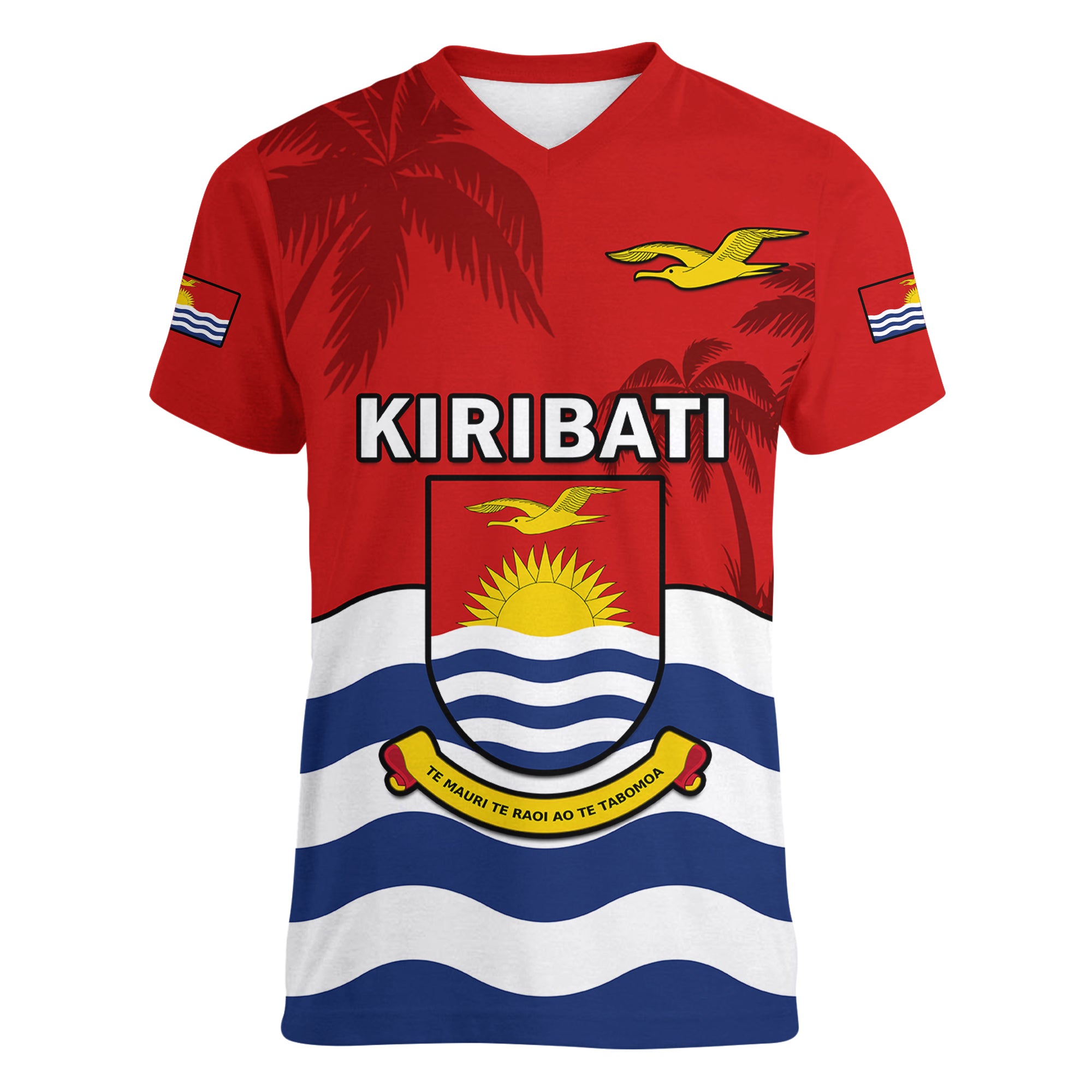 Ribaberiki Kiribati Coat Of Arms Mix Palm Trees Women V Neck T Shirt LT14 - Polynesian Pride