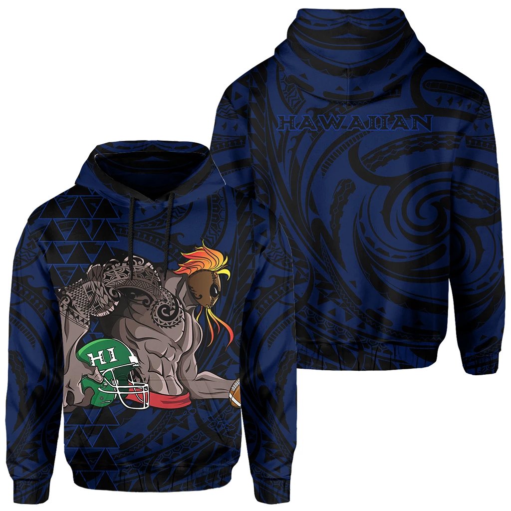 Kakau Blue Hawaii Warrior Football Hoodie Unisex Blue - Polynesian Pride