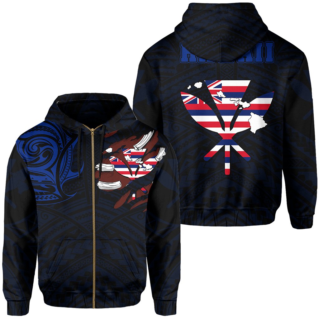 Hawaiian Kanaka Hoodie (Zipper) Heart Tattoo Blue Unisex White - Polynesian Pride