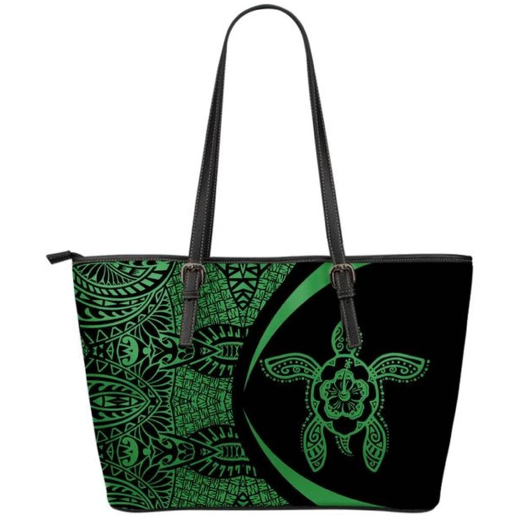 Hawaii Turtle Polynesian Large Leather Tote - Circle Style - Green Green - Polynesian Pride