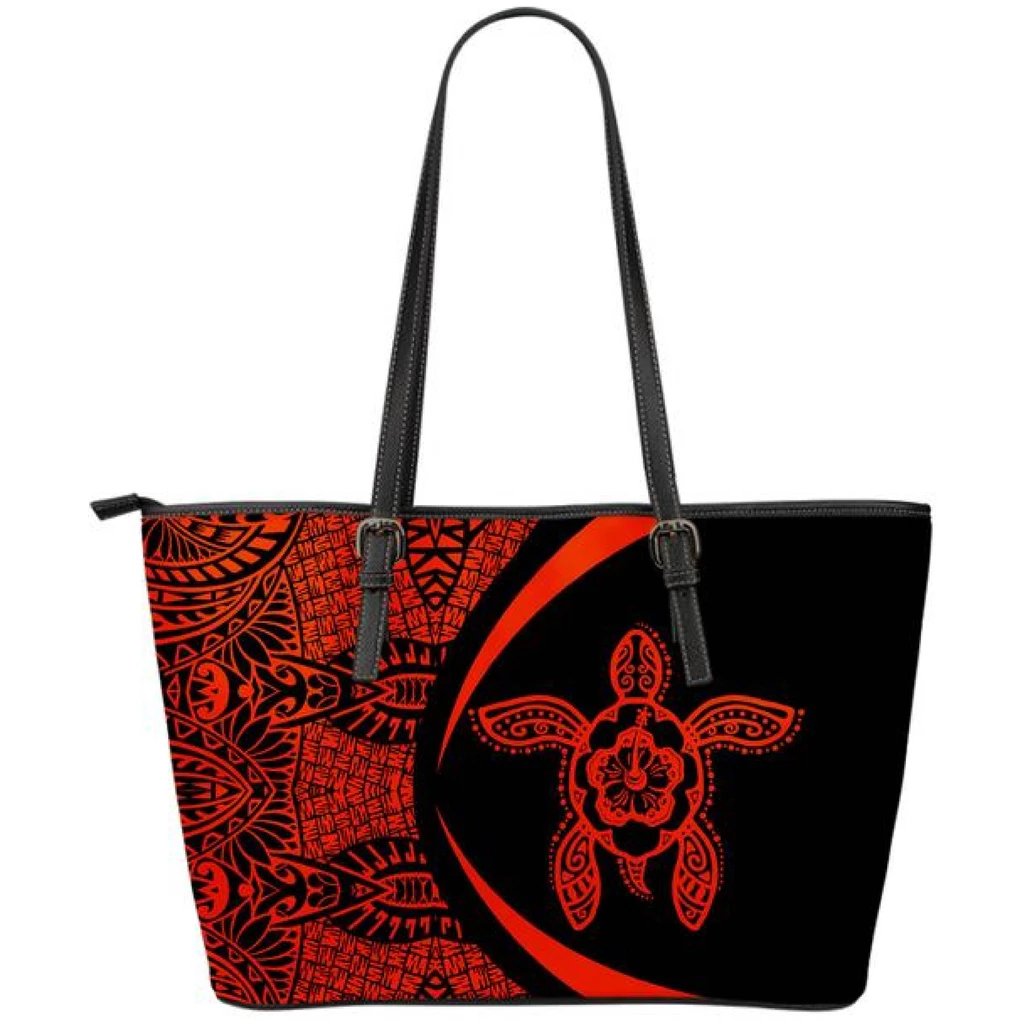 Hawaii Turtle Polynesian Large Leather Tote - Circle Style - Red Red - Polynesian Pride