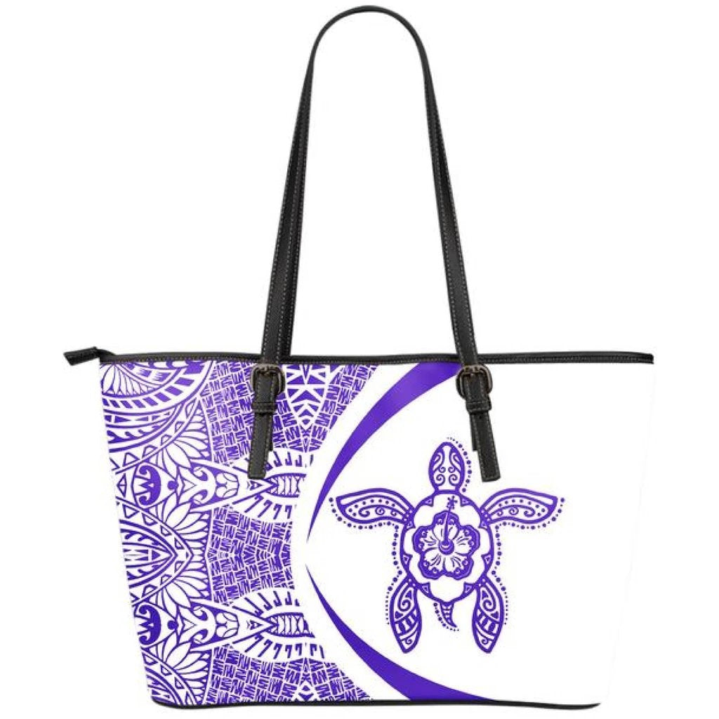 Hawaii Turtle Polynesian Large Leather Tote - Circle Style - Purple Purple - Polynesian Pride