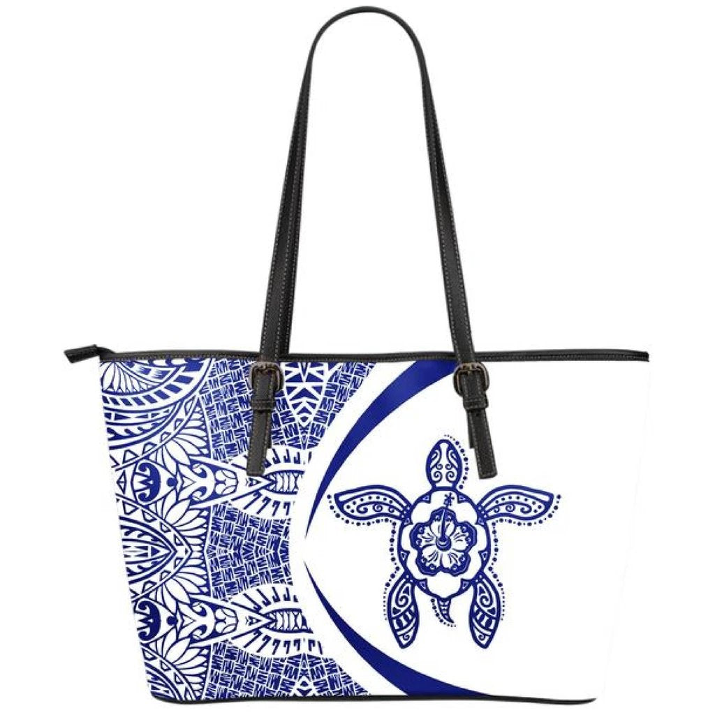 Hawaii Turtle Polynesian Small Leather Tote - Circle Style - Blue Blue - Polynesian Pride