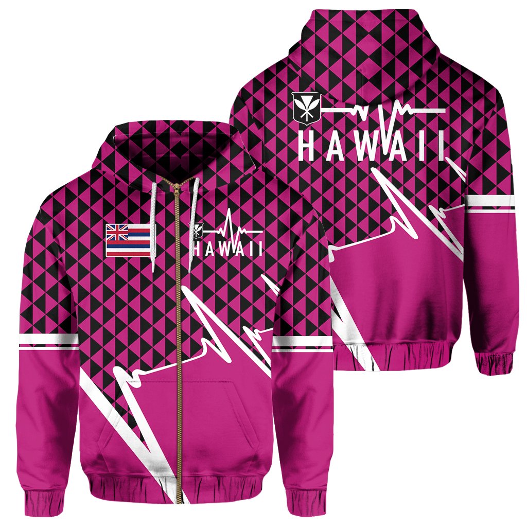 Kakau Hawaii In My Heartbeat Flag of Hawaii Zip Hoodie Pink Unisex Pink - Polynesian Pride