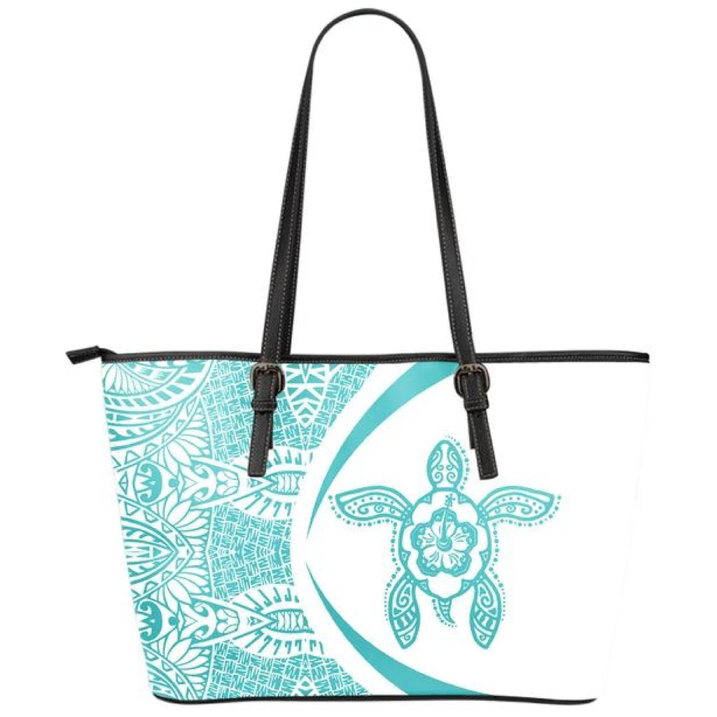 Hawaii Turtle Polynesian Small Leather Tote - Circle Style - Blue Sky Blue - Polynesian Pride