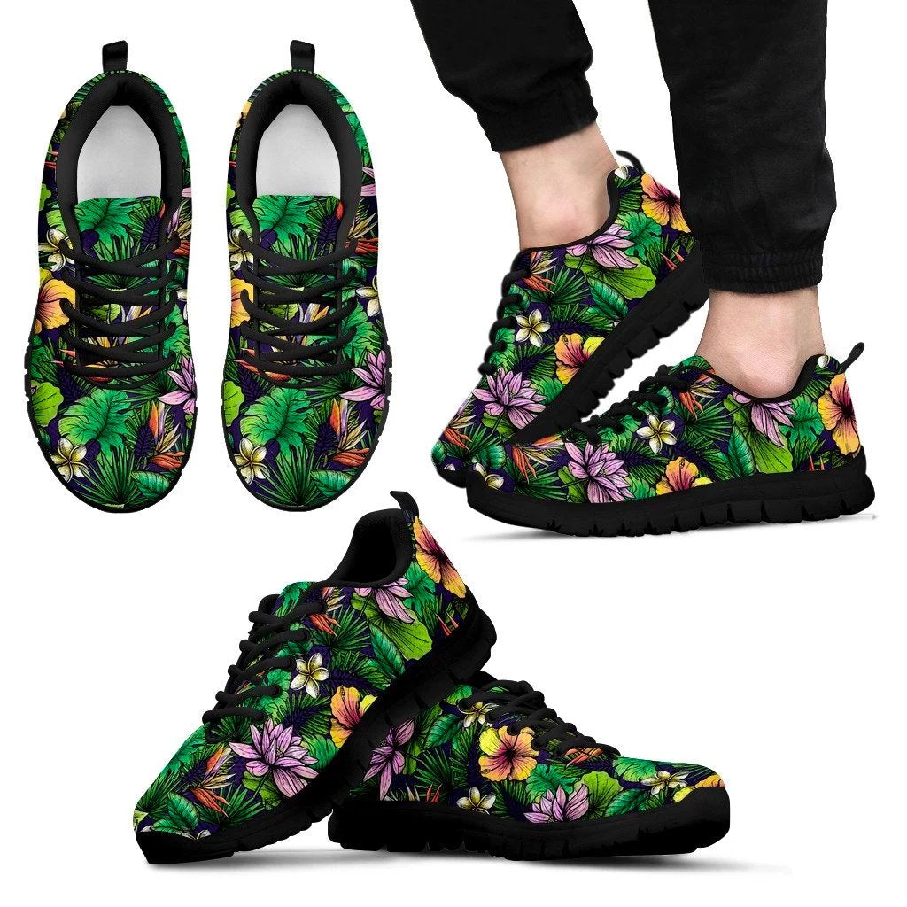 Hawaii Hibiscus And Plumeria Green Sneaker Men's Sneakers Black - Polynesian Pride