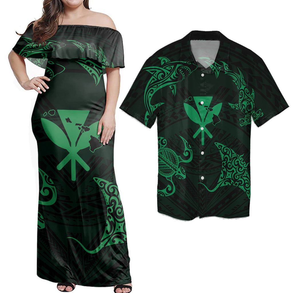 Polynesian Couple Outfits Matching Dress and Hawaiian Shirt Polynesian Turtle Hammerhead Shark Ray Kanaka Hawaii Circle Green RLT14 - Polynesian Pride