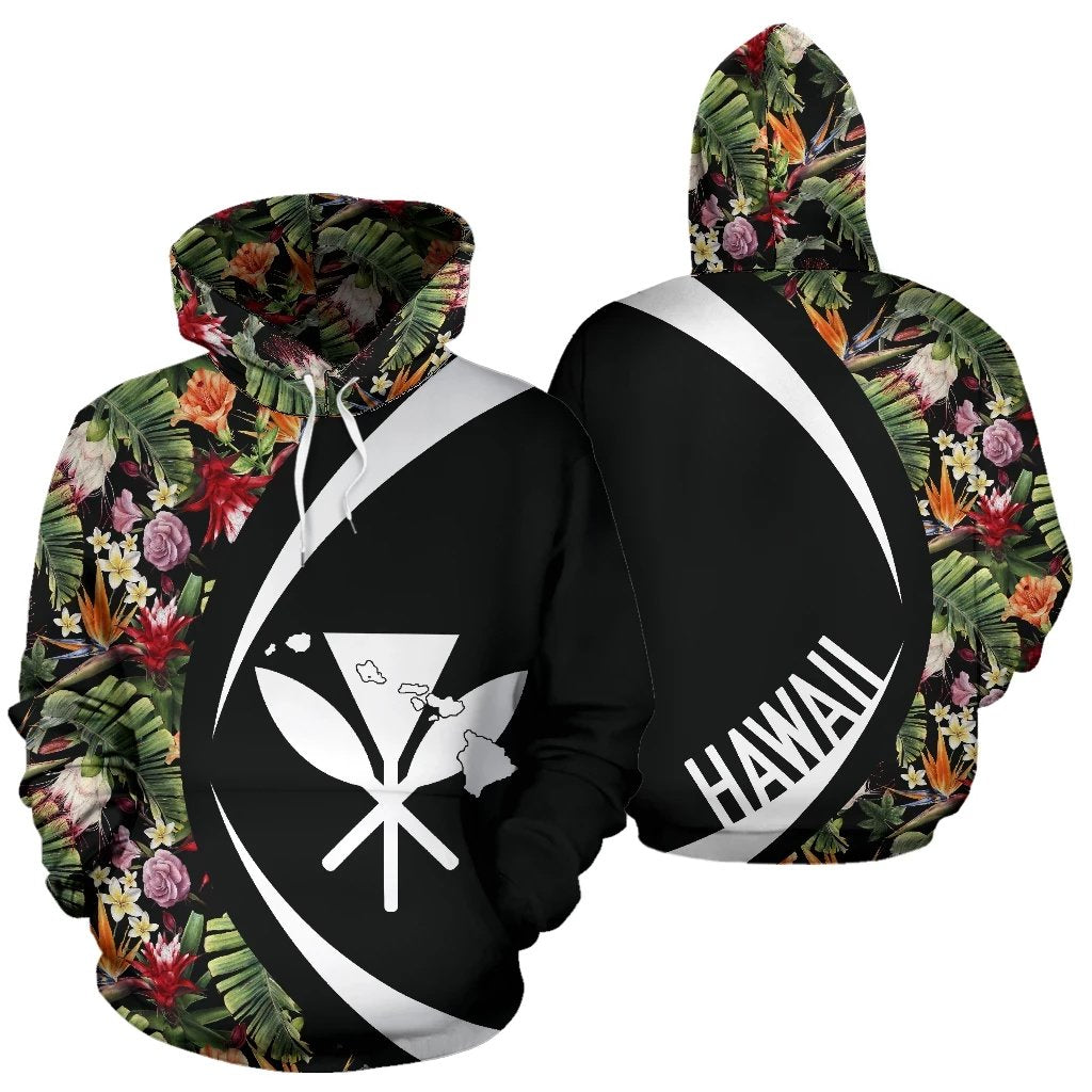 Kanaka Tropical Flowers Watercolor Hoodie Circle Style Unisex Black - Polynesian Pride