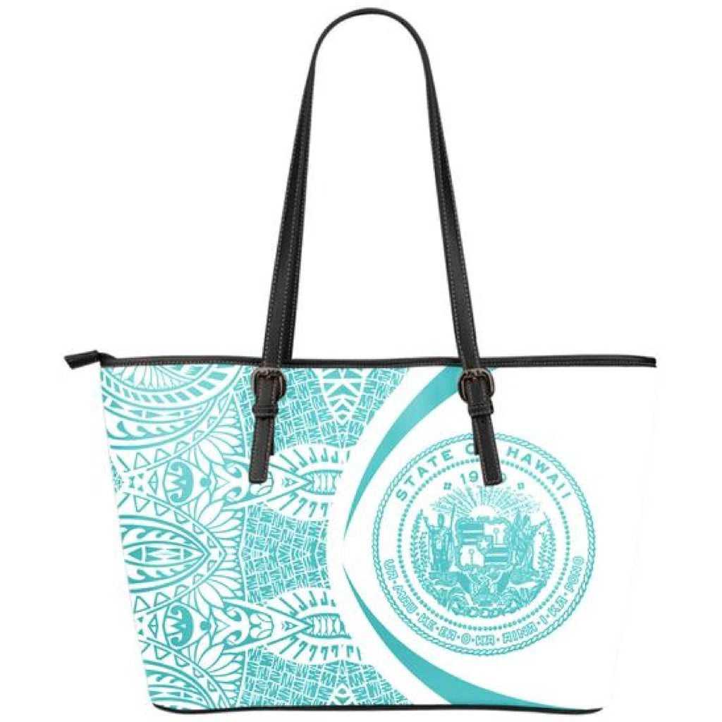 Hawaii Coat Of Arms Polynesian Large Leather Tote - Circle Style - Blue Sky Blue - Polynesian Pride