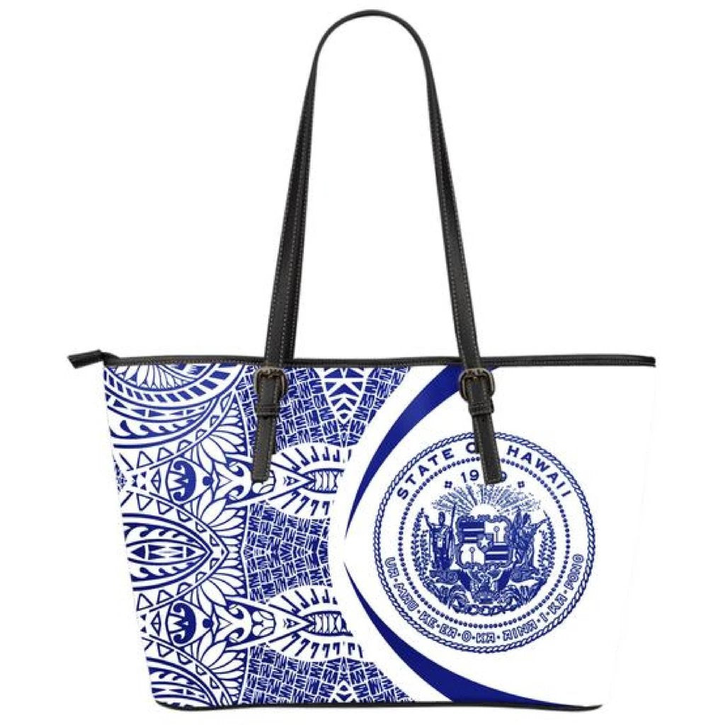 Hawaii Coat Of Arms Polynesian Small Leather Tote - Circle Style - Gold And White Blue - Polynesian Pride