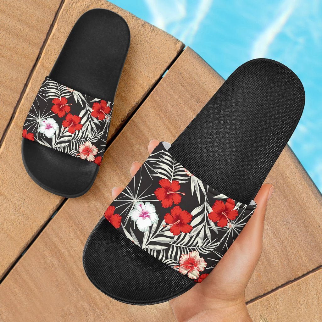 Hawaii Palm Hibiscus Pattern Slide Sandals Black - Polynesian Pride