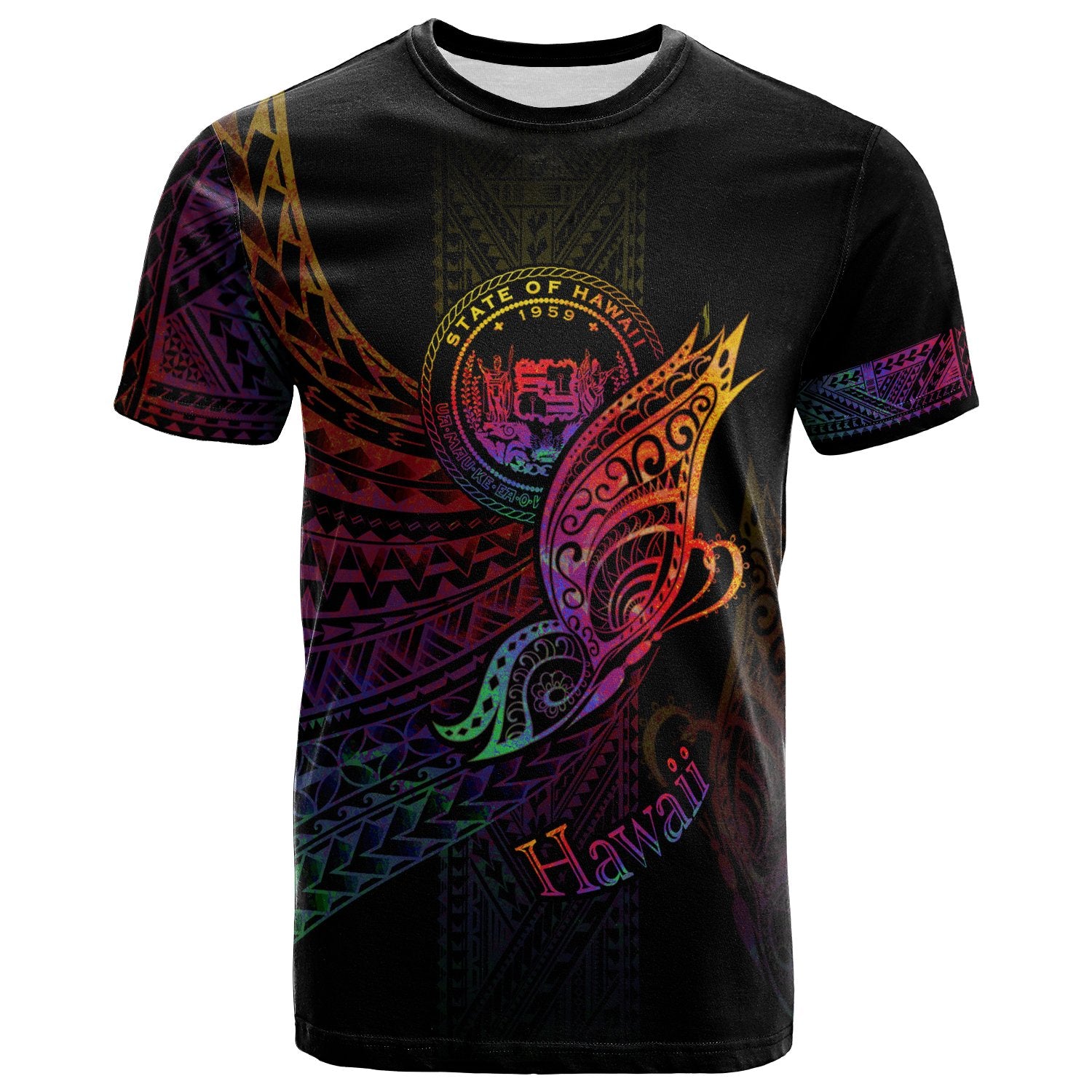 Hawaii T Shirt Butterfly Polynesian Style Unisex Black - Polynesian Pride