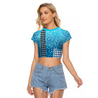 Hawaii Tribal Kakau Raglan Cropped T Shirt LT9 Female Blue - Polynesian Pride