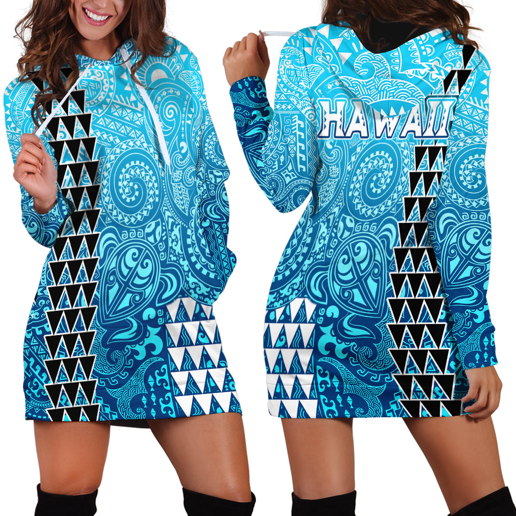 Hawaii Tribal Kakau Hoodie Dress LT9 Blue - Polynesian Pride