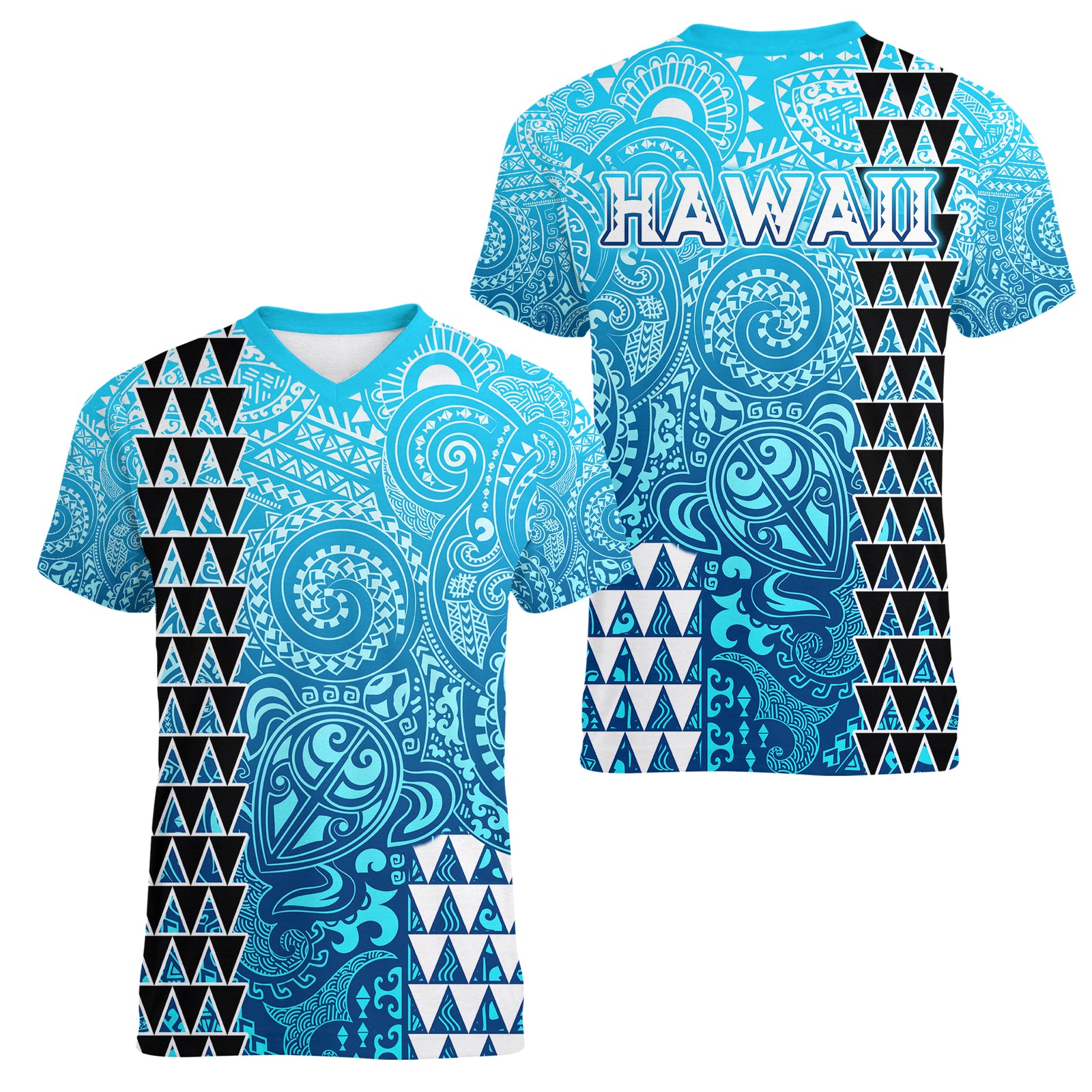 Hawaii Tribal Kakau Women V Neck T Shirt LT9 Female Blue - Polynesian Pride