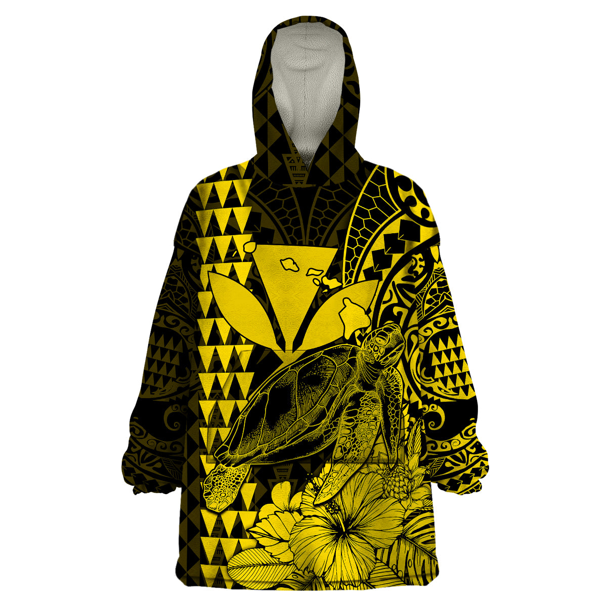 (Custom Personalised) Kakau Polynesian Tribal Hawaiian Turtle with Kanaka Maoli Yellow Wearable Blanket Hoodie LT9 Unisex One Size - Polynesian Pride