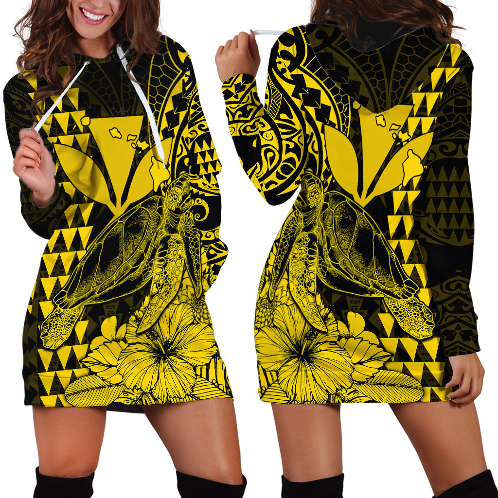 Kakau Polynesian Tribal Hawaiian Turtle with Kanaka Maoli Yellow Hoodie Dress LT9 Yellow - Polynesian Pride