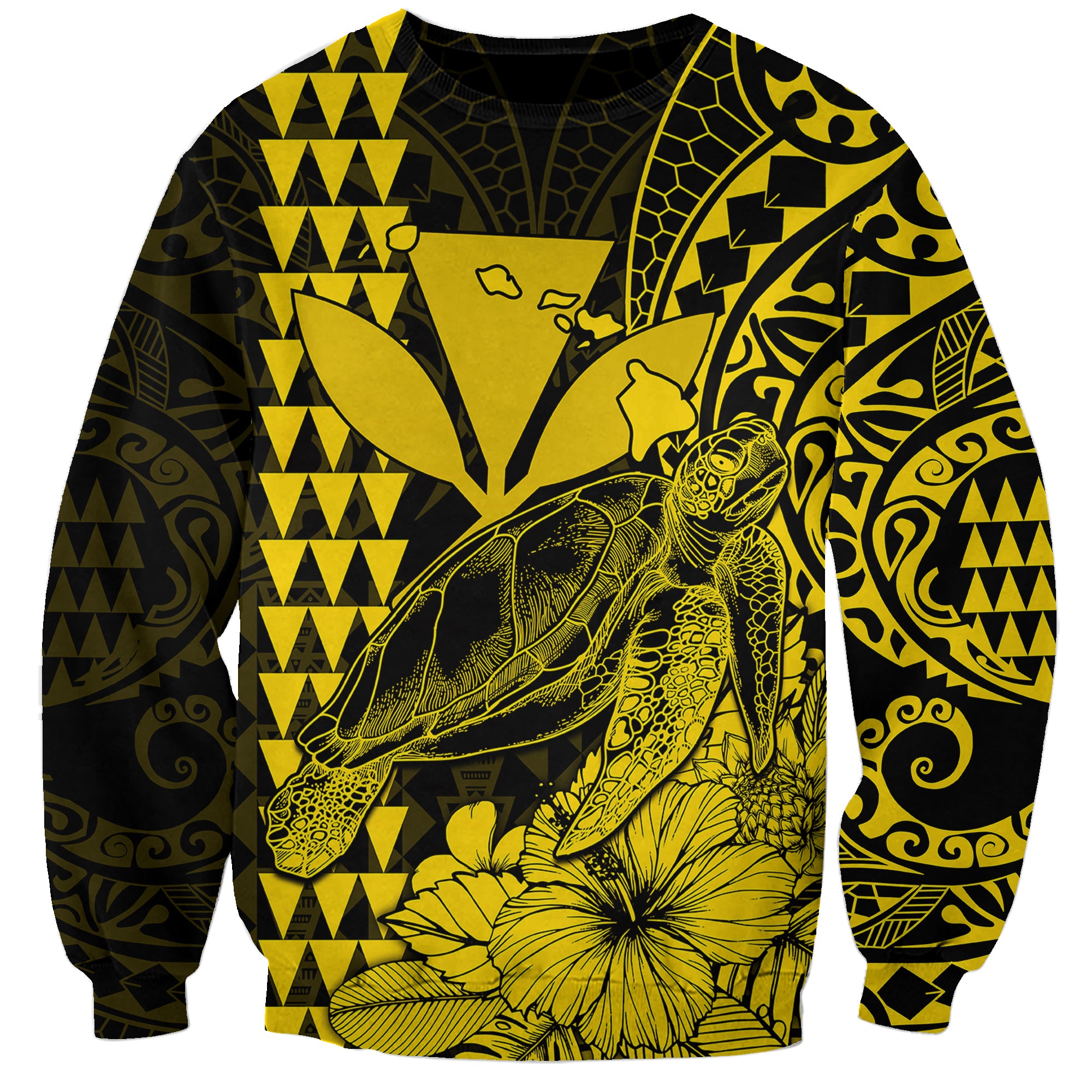 Kakau Polynesian Tribal Hawaiian Turtle with Kanaka Maoli Yellow Sweatshirt LT9 Unisex Yellow - Polynesian Pride