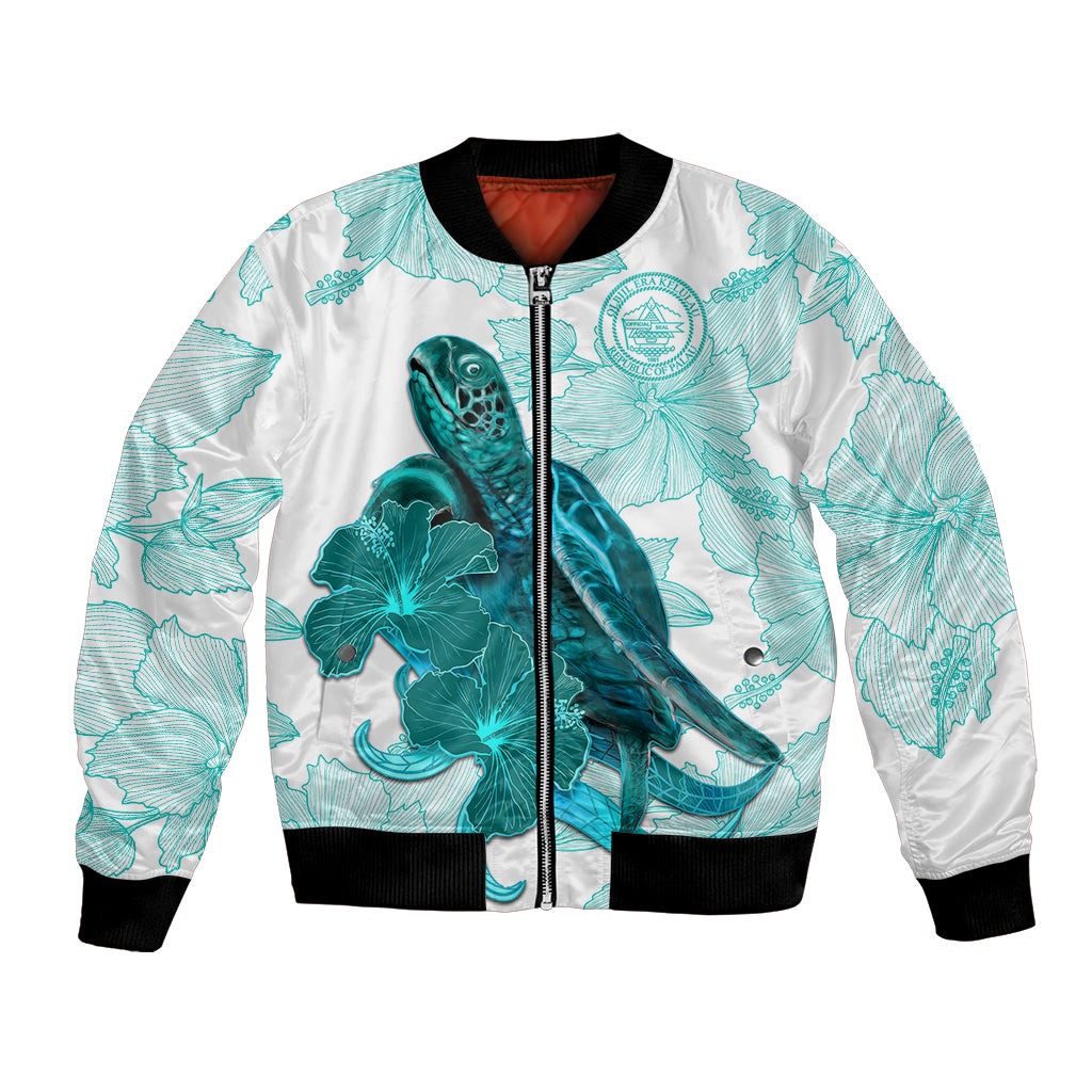 Palau Coat Of Arms With Polynesian Turtle Hibiscus Bomber Jacket LT14 Unisex White - Polynesian Pride