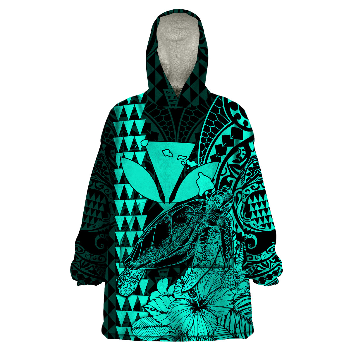 Kakau Polynesian Tribal Hawaiian Turtle with Kanaka Maoli Turquoise Wearable Blanket Hoodie LT9 Unisex One Size - Polynesian Pride