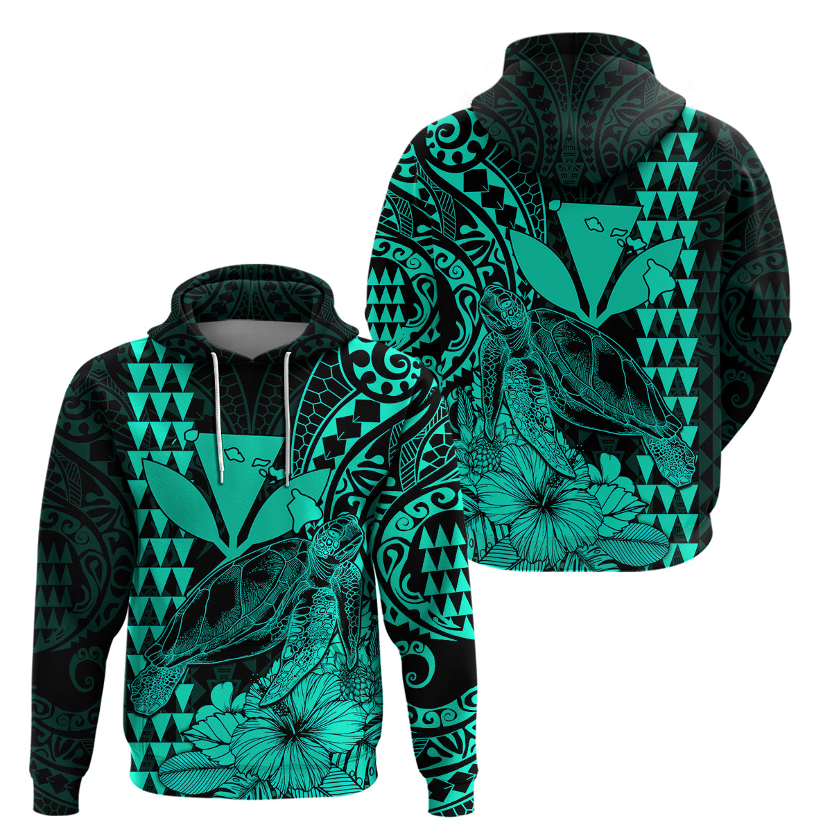 Kakau Polynesian Tribal Hawaiian Turtle with Kanaka Maoli Turquoise Hoodie LT9 Turquoise - Polynesian Pride