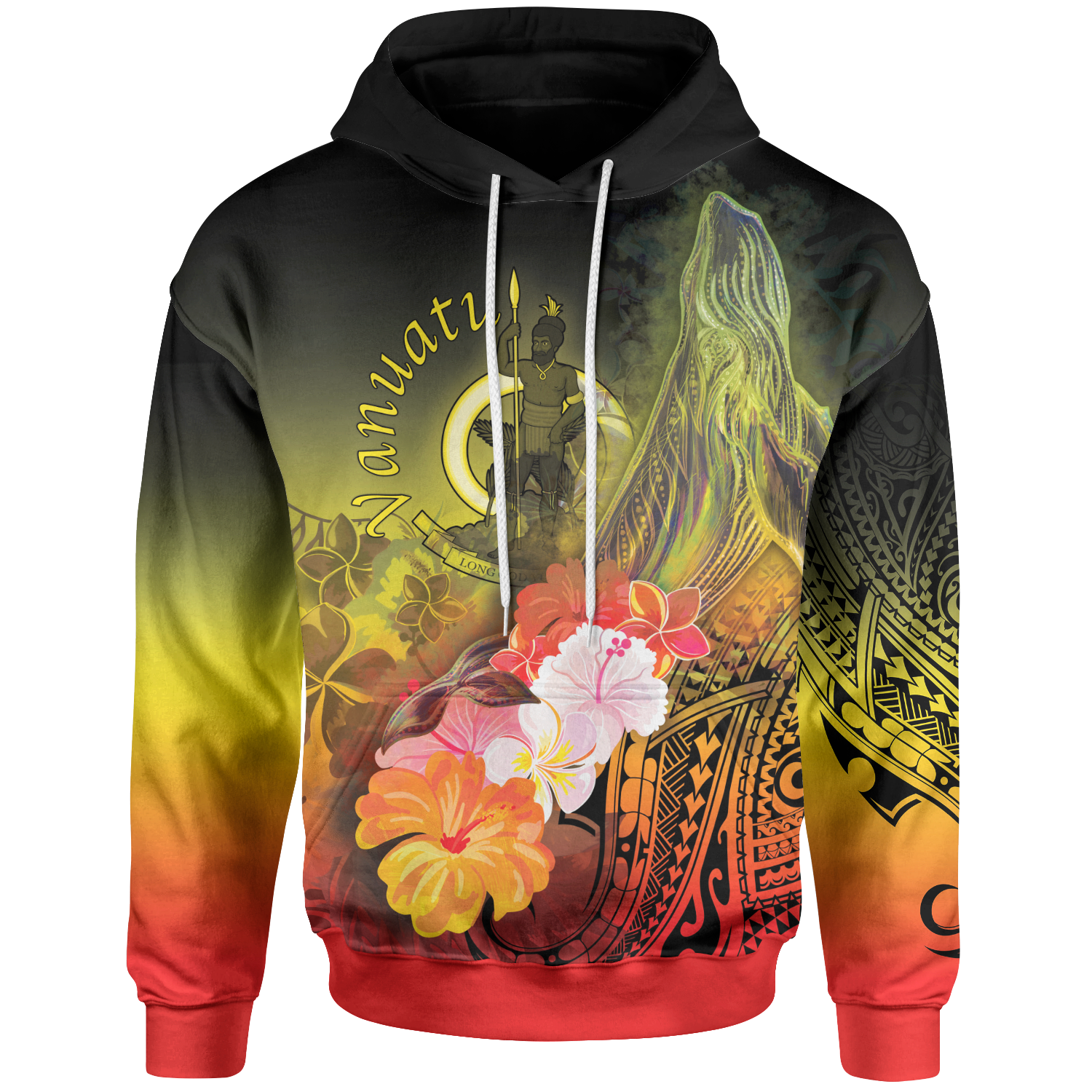 Vanuatu Hoodie Humpback Whale with Tropical Flowers (Yellow) Unisex Yellow - Polynesian Pride