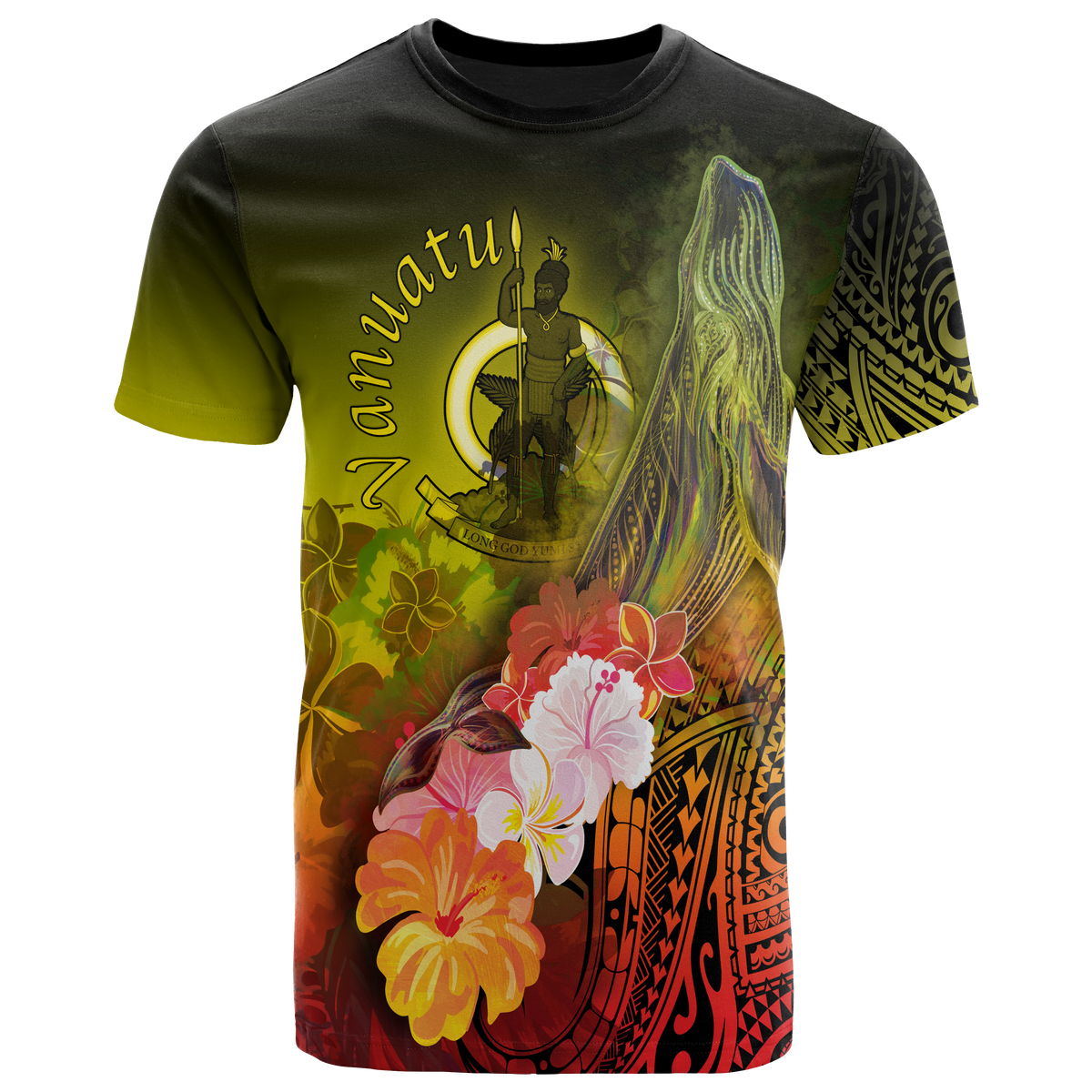 Vanuatu T Shirt Humpback Whale with Tropical Flowers (Yellow) - Polynesian Pride