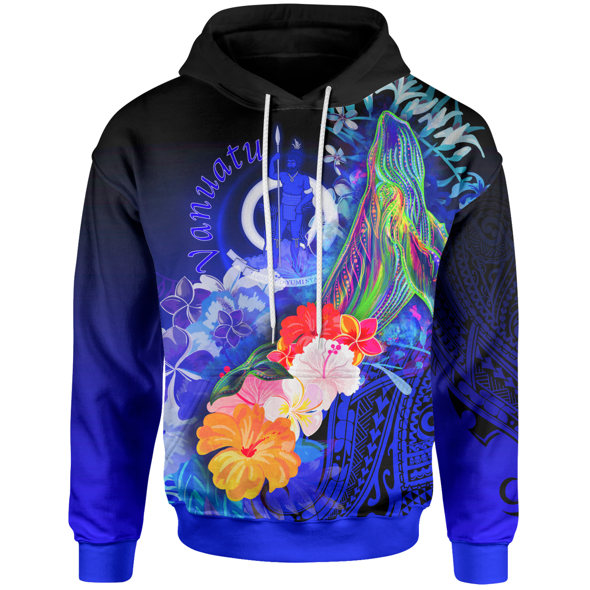 Vanuatu Hoodie Humpback Whale with Tropical Flowers (Blue) Unisex Blue - Polynesian Pride