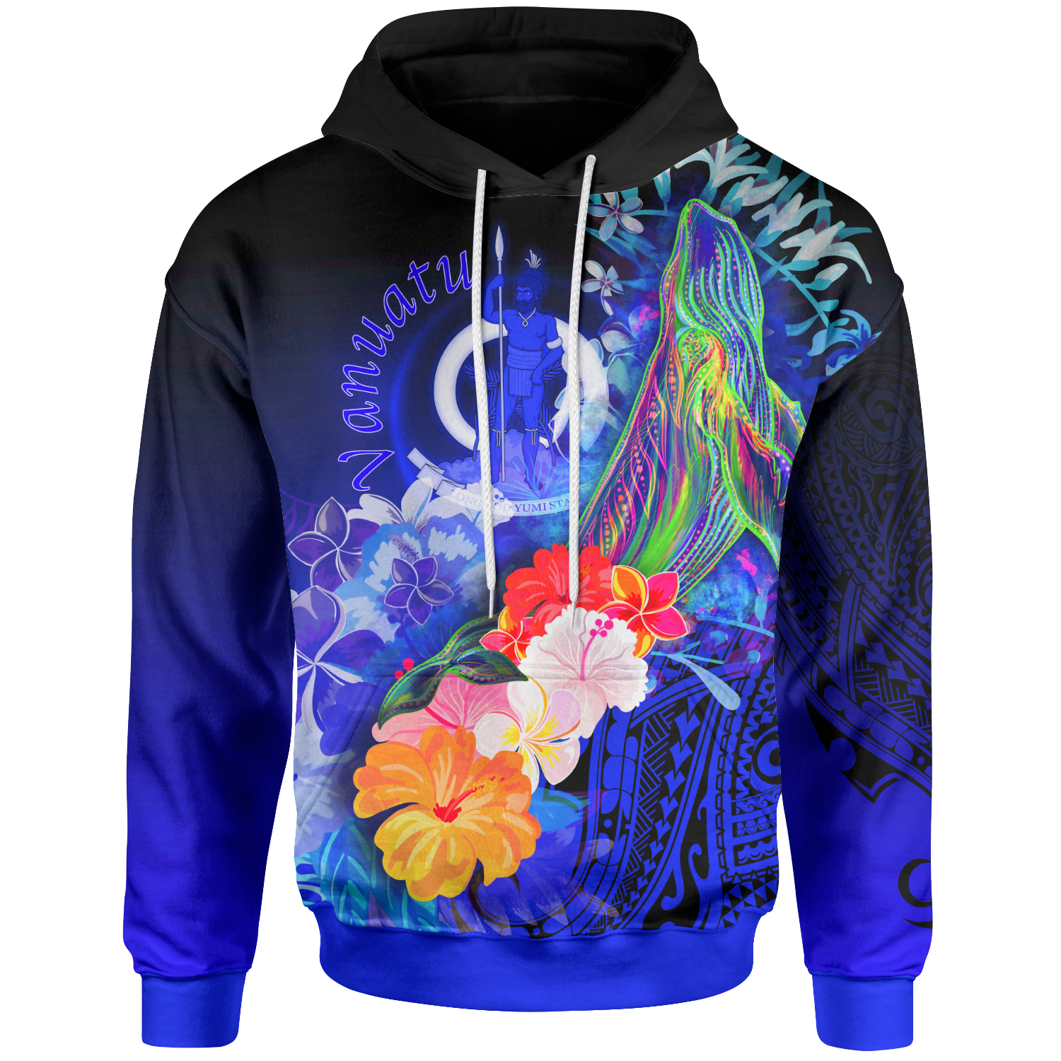 Vanuatu Hoodie Humpback Whale with Tropical Flowers (Blue) Unisex Blue - Polynesian Pride