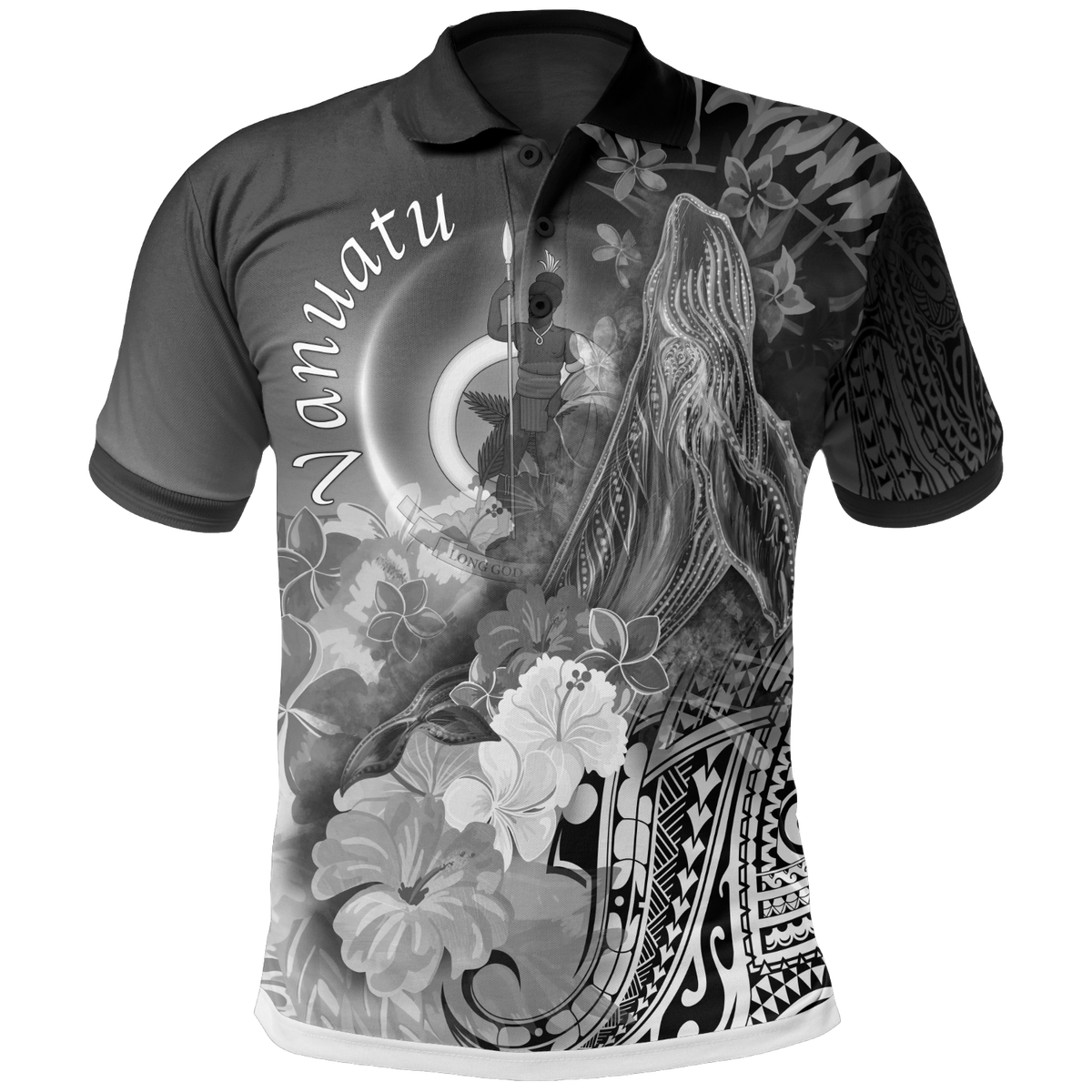 Vanuatu Polo Shirt Humpback Whale with Tropical Flowers (White) Unisex White - Polynesian Pride
