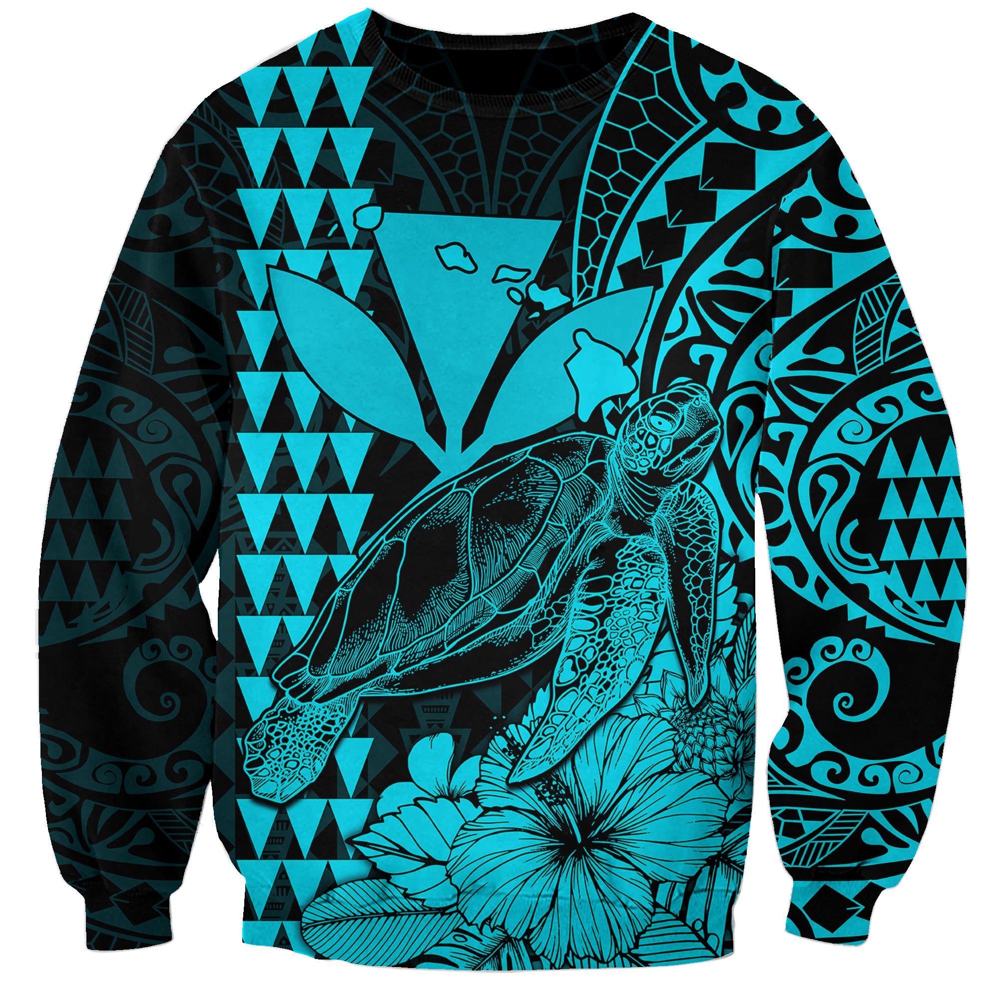 Kakau Polynesian Tribal Hawaiian Turtle with Kanaka Maoli Teal Sweatshirt LT9 Unisex Teal - Polynesian Pride