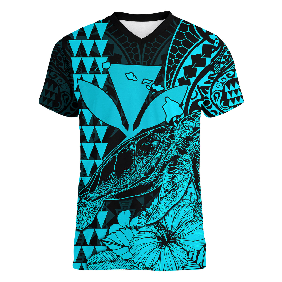 Kakau Polynesian Tribal Hawaiian Turtle with Kanaka Maoli Teal Women V Neck T Shirt LT9 - Polynesian Pride