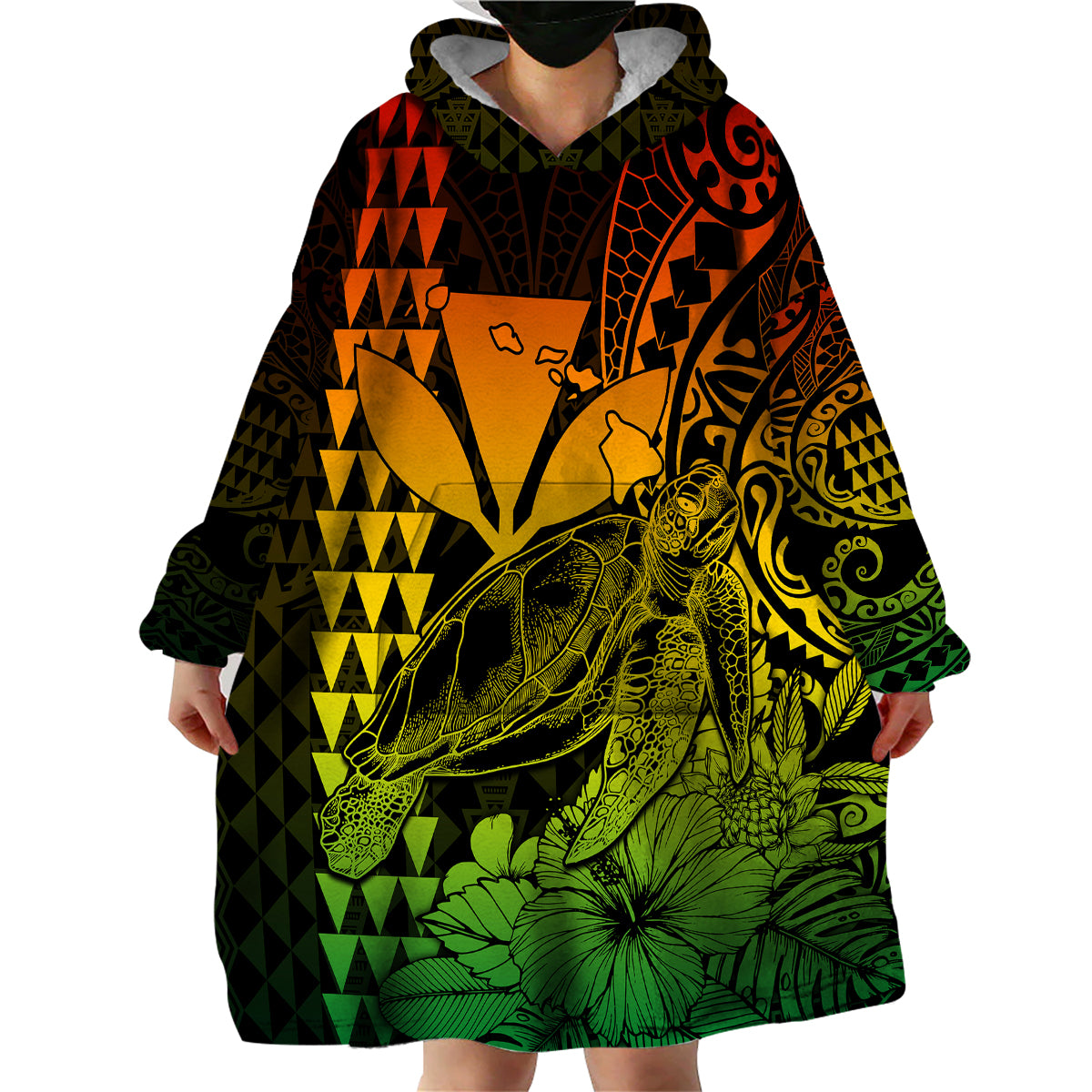 (Custom Personalised) Kakau Polynesian Tribal Hawaiian Turtle with Kanaka Maoli Reggae Wearable Blanket Hoodie LT9 - Polynesian Pride
