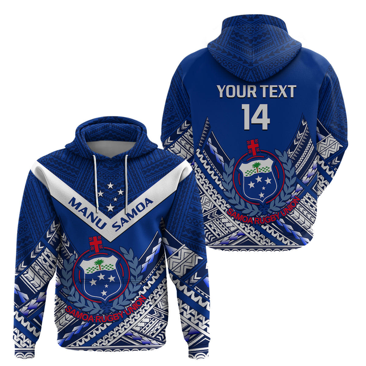 (Custom Text and Number) Samoan Rugby Manu Samoa 7s Polynesian Pattern Hoodie LT14 Pullover Hoodie Blue - Polynesian Pride