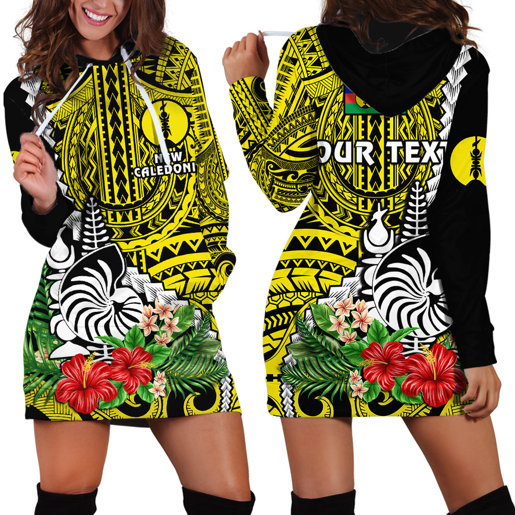 (Custom Personalised) New Caledonia Polynesian Coat Of Arms Mix Tropical Flowers Hoodie Dress LT14 Yellow - Polynesian Pride