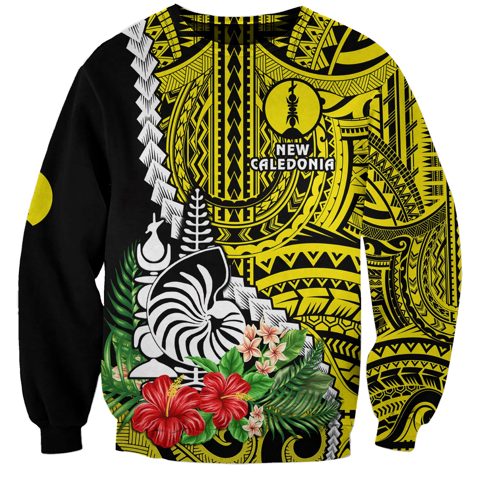 (Custom Personalised) New Caledonia Polynesian Coat Of Arms Mix Tropical Flowers Sweatshirt LT14 Unisex Yellow - Polynesian Pride