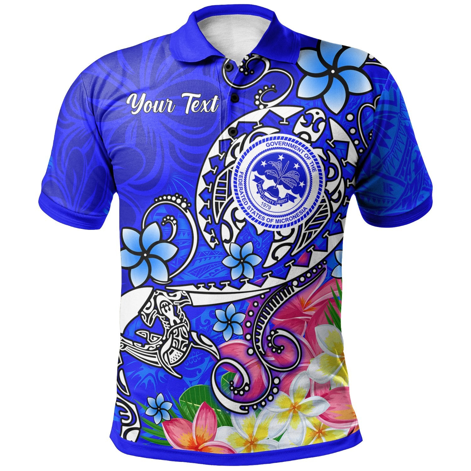 FSM Custom Polo Shirt Turtle Plumeria (Blue) Unisex Blue - Polynesian Pride