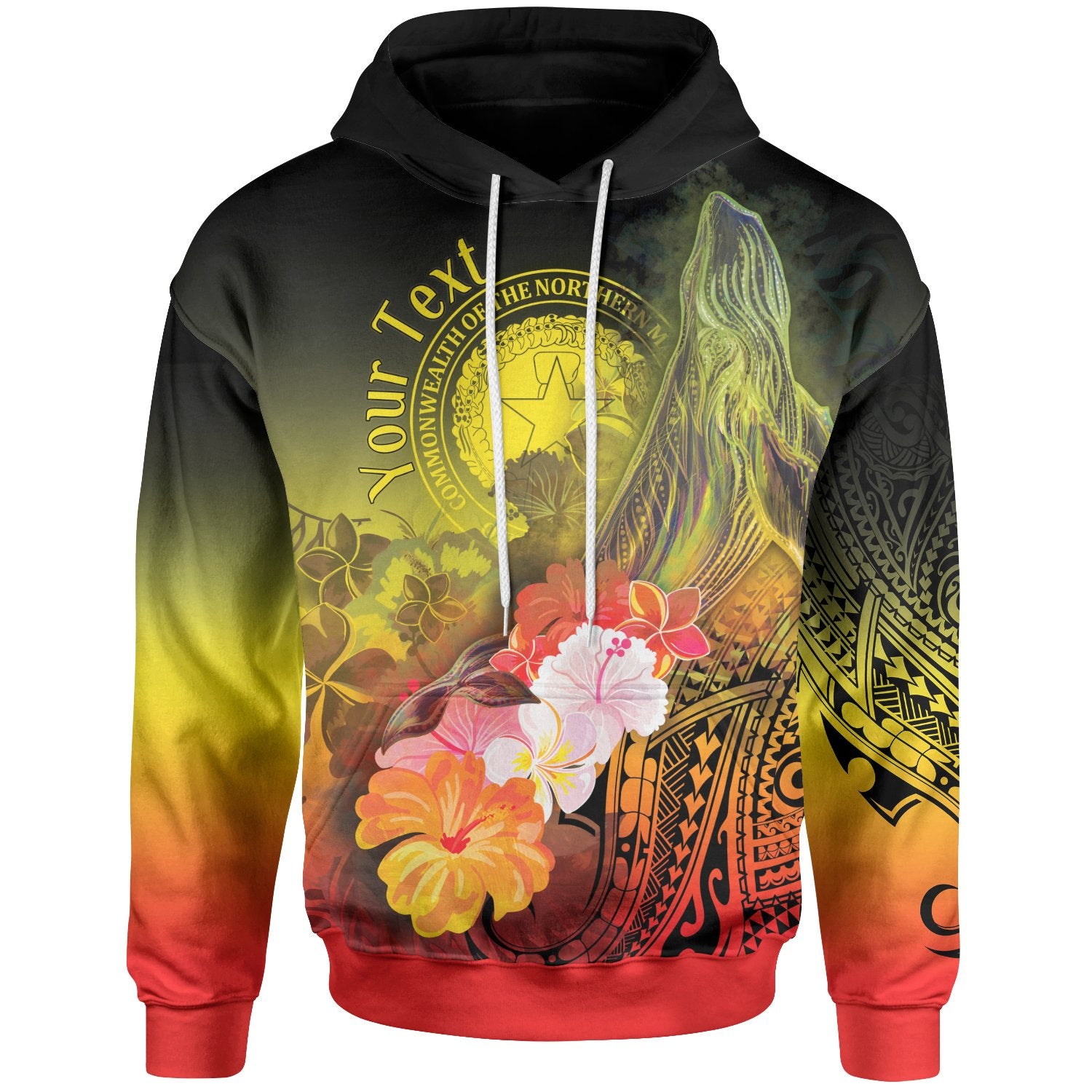 CNMI Custom Hoodie Humpback Whale with Tropical Flowers (Yellow) Unisex Yellow - Polynesian Pride