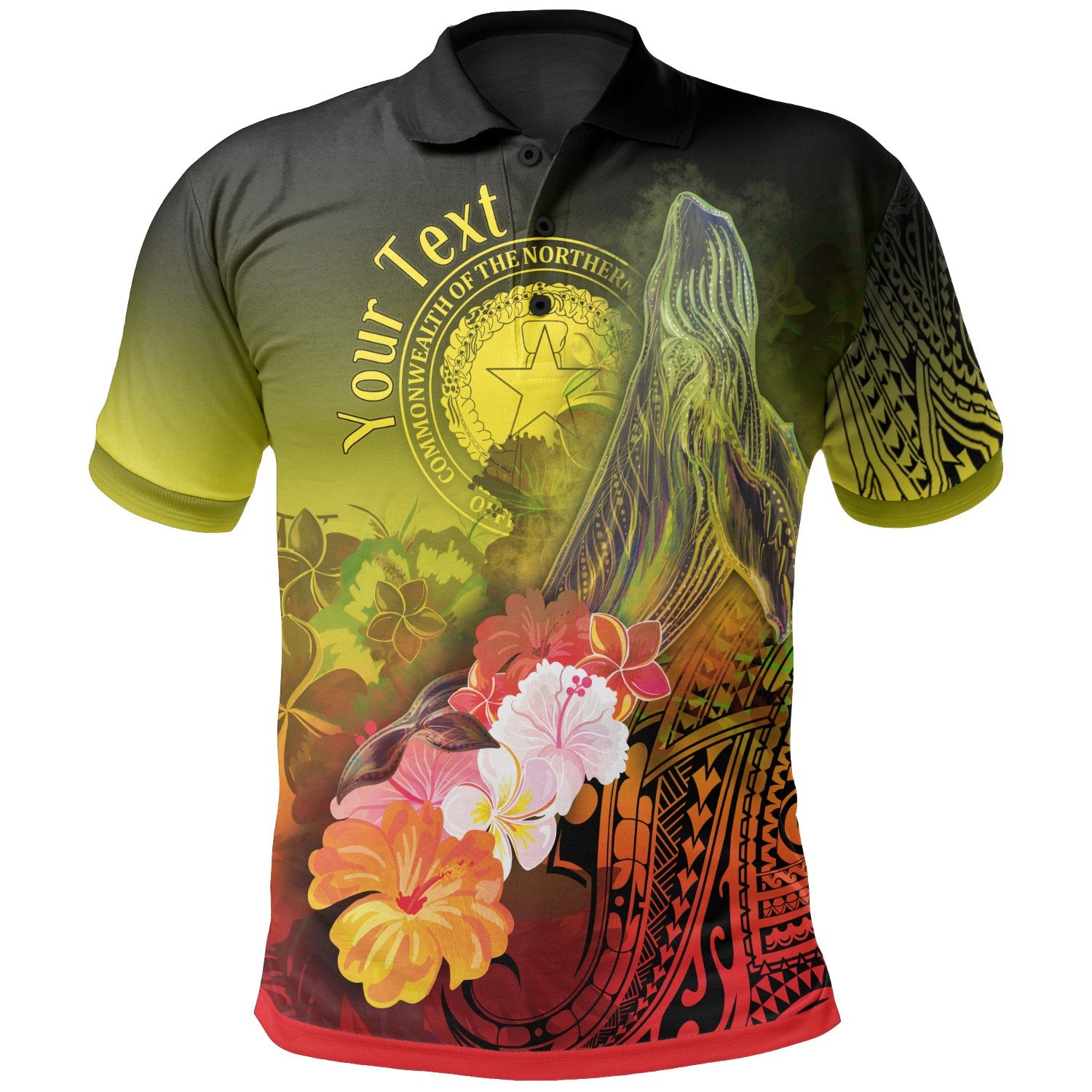 CNMI Custom Polo Shirt Humpback Whale with Tropical Flowers (Yellow) Unisex Yellow - Polynesian Pride