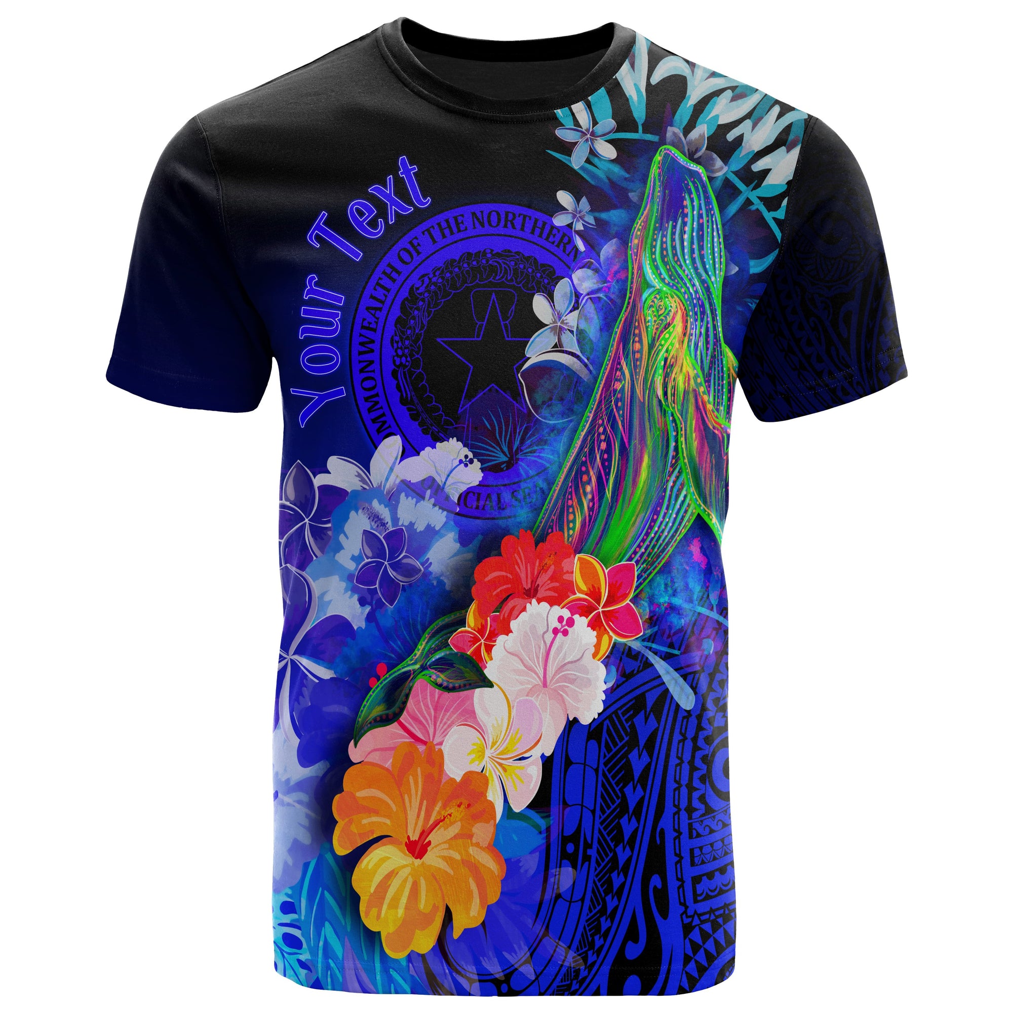 CNMI Custom T Shirt Humpback Whale with Tropical Flowers (Blue) Unisex Blue - Polynesian Pride